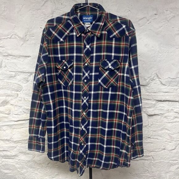 Vintage Wrangler Pearl Snap Striped Flannel Western Shirt XL Rockabilly Cowboy - Picture 1 of 8